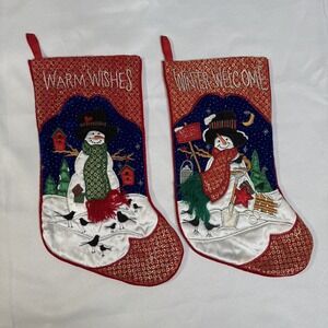 Christmas Stocking Warm Wishes Winter Welcome Snowman Embroidered Birds Metallic